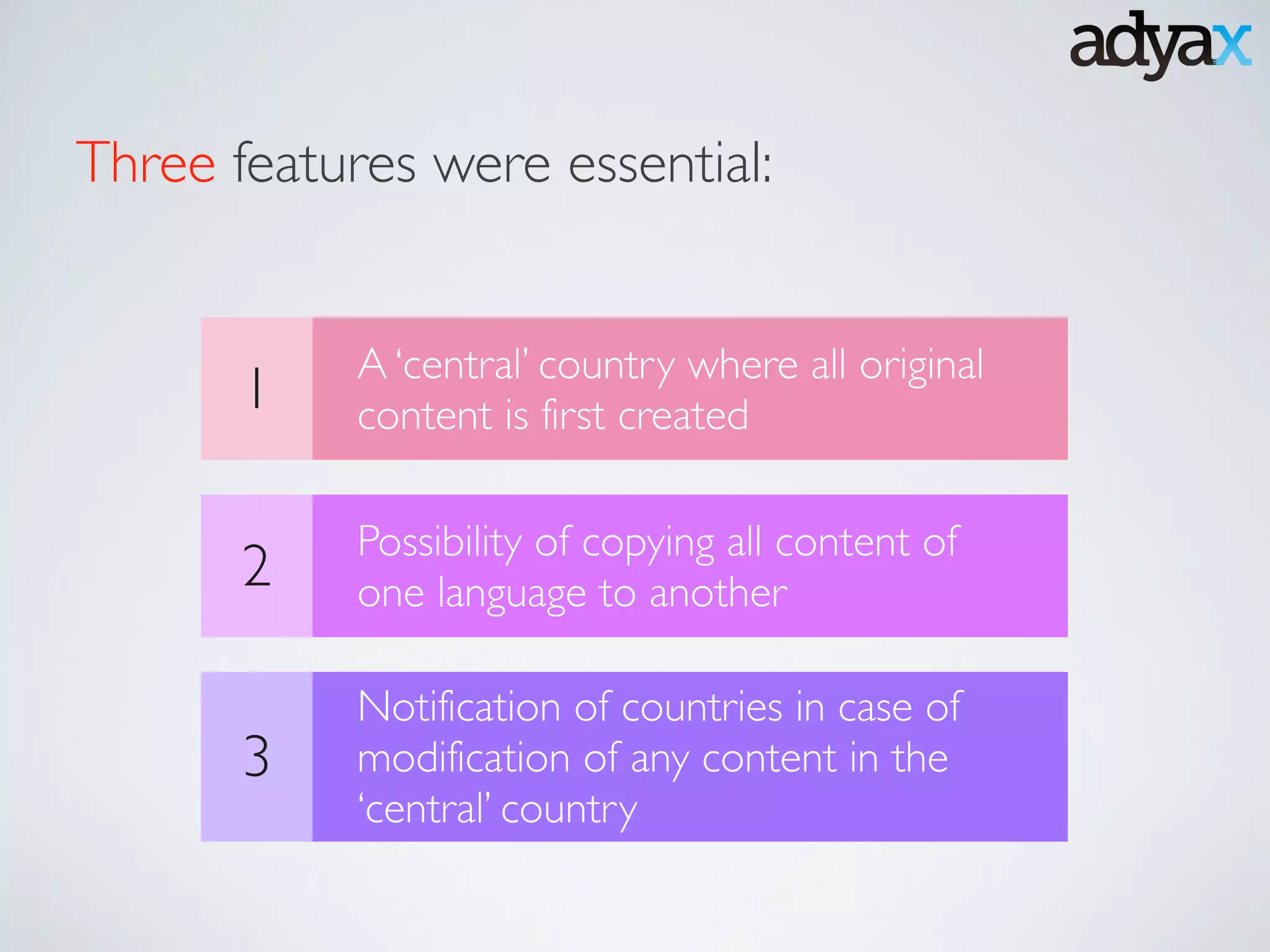 Three features were essential:
1
2
3
A ‘central’ country where all original
content is first created
Possibility of copying all content of
one language to another
Notification of countries in case of
modification of any content in the
‘central’ country
 