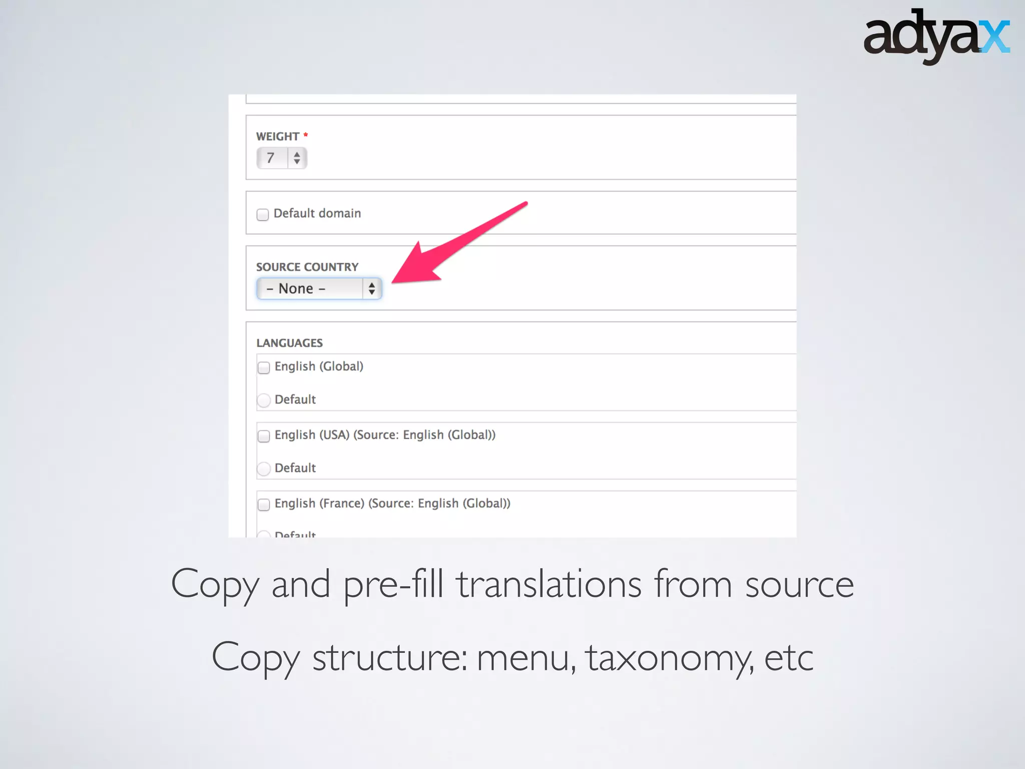 Copy and pre-fill translations from source
Copy structure: menu, taxonomy, etc
 