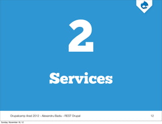 2
                                     Services

         Drupalcamp Arad 2012 - Alexandru Badiu - REST Drupal   12

Sunday, November 18, 12
 