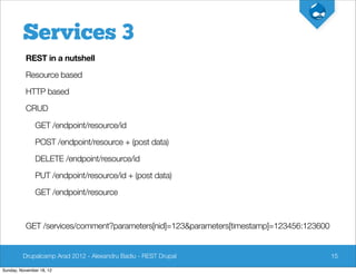 Services 3
          REST in a nutshell

          Resource based

          HTTP based

          CRUD

               GET /endpoint/resource/id

               POST /endpoint/resource + (post data)

               DELETE /endpoint/resource/id

               PUT /endpoint/resource/id + (post data)

               GET /endpoint/resource



          GET /services/comment?parameters[nid]=123&parameters[timestamp]=123456:123600


         Drupalcamp Arad 2012 - Alexandru Badiu - REST Drupal                             15

Sunday, November 18, 12
 