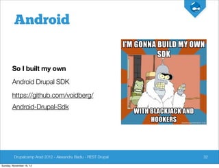 Android


        So I built my own
        Android Drupal SDK
        https://github.com/voidberg/
        Android-Drupal-Sdk




         Drupalcamp Arad 2012 - Alexandru Badiu - REST Drupal   32

Sunday, November 18, 12
 