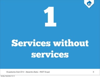 1
                 Services without
                     services
         Drupalcamp Arad 2012 - Alexandru Badiu - REST Drupal   8

Sunday, November 18, 12
 