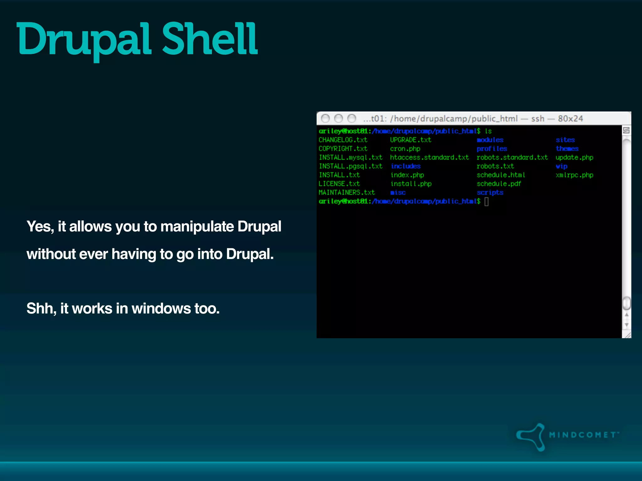 Drupal Shell


Yes, it allows you to manipulate Drupal
without ever having to go into Drupal.


Shh, it works in windows too.
 