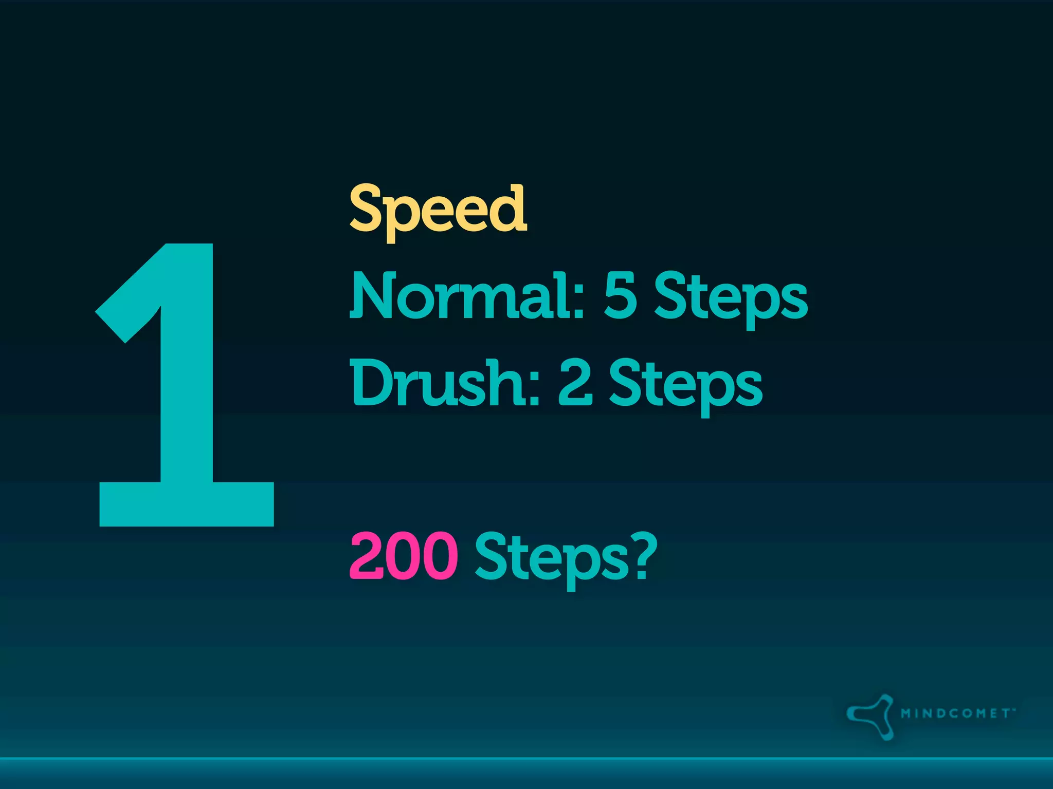 1
    Speed
    Normal: 5 Steps
    Drush: 2 Steps

    200 Steps?
 