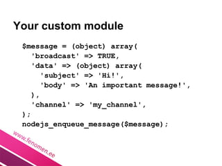 Your custom module
 $message = (object) array(
    'broadcast' => TRUE,
    'data' => (object) array(
       'subject' => 'Hi!',
       'body' => 'An important message!',
    ),
    'channel' => 'my_channel',
 );
 nodejs_enqueue_message($message);
 