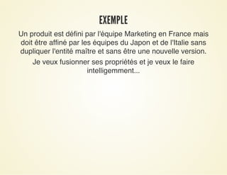 EXEMPLEEXEMPLE
Un produit est défini par l'équipe Marketing en France mais
doit être affiné par les équipes du Japon et de l'Italie sans
dupliquer l'entité maître et sans être une nouvelle version.
Je veux fusionner ses propriétés et je veux le faire
intelligemment...
 
