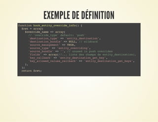 EXEMPLE DE DÉFINITIONEXEMPLE DE DÉFINITION
function hook_entity_override_info() {
$ret = array(
$override_name => array(
// 'override_type' default: 'push'
'destination_type' => 'entity_destination',
'destination_bundle' => NULL, // wildcard
'source_management' => TRUE,
'source_type' => 'entity_overriding',
'source_bundle' => '', // unused in push overrides
'fields' => array(//... liste des champs de entity_destination),
'key_callback' => 'entity_destination_get_key',
'key_allowed_values_callback' => 'entity_destination_get_keys',
),
);
return $ret;
 