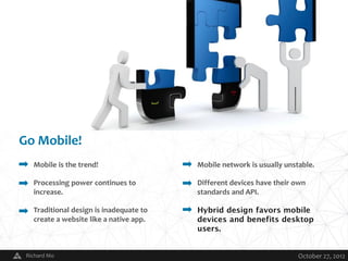 Go Mobile!
   Mobile is the trend!                      Mobile network is usually unstable.

   Processing power continues to             Different devices have their own
   increase.                                 standards and API.

   Traditional design is inadequate to       Hybrid design favors mobile
   create a website like a native app.       devices and benefits desktop
                                             users.


 Richard Mo                              V                                 October 27, 2012
 