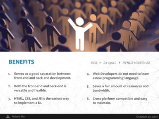 BENEFITS                                          RIA = Drupal + HTML5+CSS3+JS


1.    Serves as a good separation between       4. Web Developers do not need to learn
      front-end and back-end development.          a new programming language.

2. Both the front-end and back-end is           5. Saves a fair amount of resources and
   versatile and flexible.                         bandwidth.

3. HTML, CSS, and JS is the easiest way         6. Cross-platform compatible and easy
   to implement a UI.                              to maintain.


     Richard Mo                             V                                  October 27, 2012
 