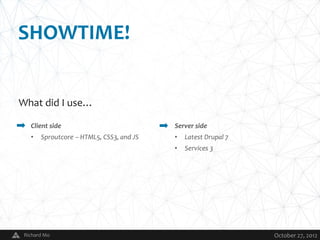 SHOWTIME!


What did I use…

   Client side                                Server side
   •   Sproutcore – HTML5, CSS3, and JS       •   Latest Drupal 7
                                              •   Services 3




 Richard Mo                               V                         October 27, 2012
 