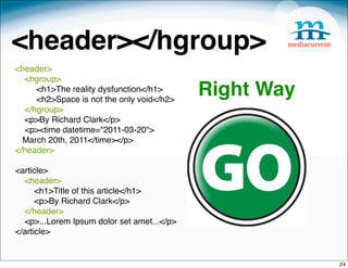 <header></hgroup>
<header>
  <hgroup>
 
 
     <h1>The reality dysfunction</h1>
     <h2>Space is not the only void</h2>
                                            Right Way
  </hgroup>
  <p>By Richard Clark</p>
  <p><time datetime="2011-03-20">
  March 20th, 2011</time></p>
</header>

<article>
  <header>
      <h1>Title of this article</h1>
      <p>By Richard Clark</p>
  </header>
  <p>...Lorem Ipsum dolor set amet...</p>
</article>


                                                        24
 