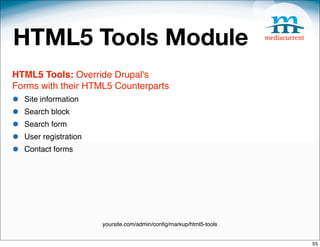 HTML5 Tools Module
HTML5 Tools: Override Drupal's
Forms with their HTML5 Counterparts
•   Site information
•   Search block
•   Search form
•   User registration
•   Contact forms




                        yoursite.com/admin/conﬁg/markup/html5-tools


                                                                      55
 