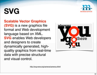SVG
Scalable Vector Graphics
(SVG) is a new graphics ﬁle
format and Web development
language based on XML.
SVG enables Web developers
and designers to create
dynamically generated, high-
quality graphics from real-time
data with precise structural
and visual control.

                 http://svg-wow.org/camera/camera.xhtml



                                                          63
 