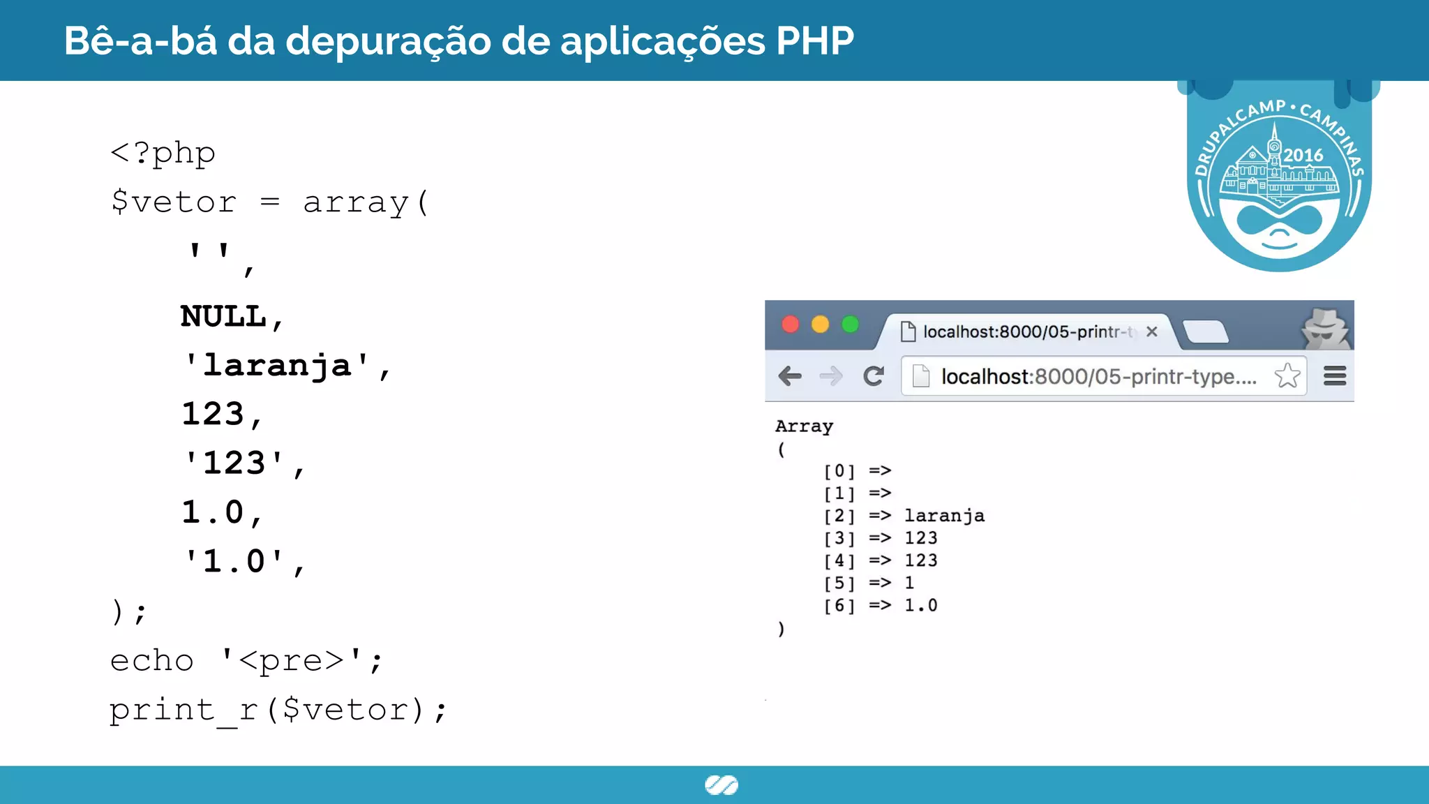 Bê-a-bá da depuração de aplicações PHP
<?php
$vetor = array(
'',
NULL,
'laranja',
123,
'123',
1.0,
'1.0',
);
echo '<pre>';
print_r($vetor);
 