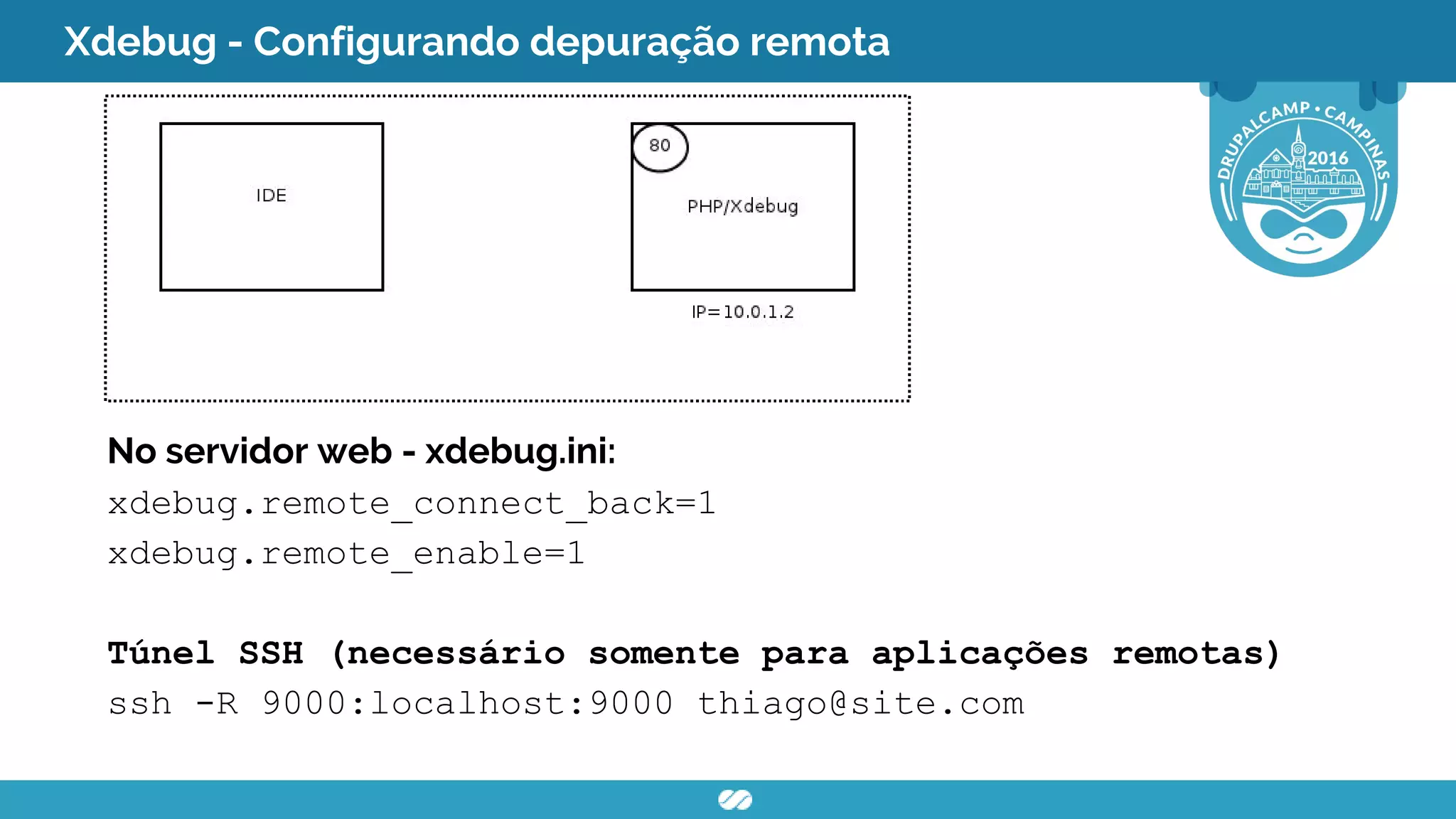 Xdebug - Configurando depuração remota
No servidor web - xdebug.ini:
xdebug.remote_connect_back=1
xdebug.remote_enable=1
Túnel SSH (necessário somente para aplicações remotas)
ssh -R 9000:localhost:9000 thiago@site.com
 