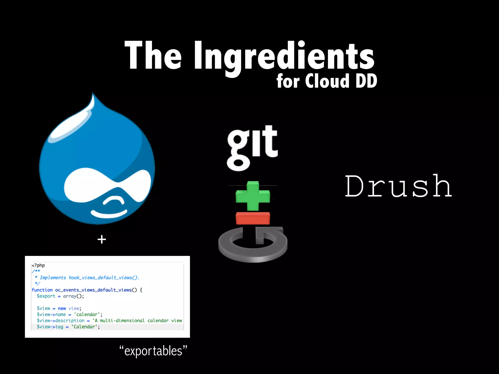 The Ingredients
             for Cloud DD




                      Drush
+




    “exportables”
 