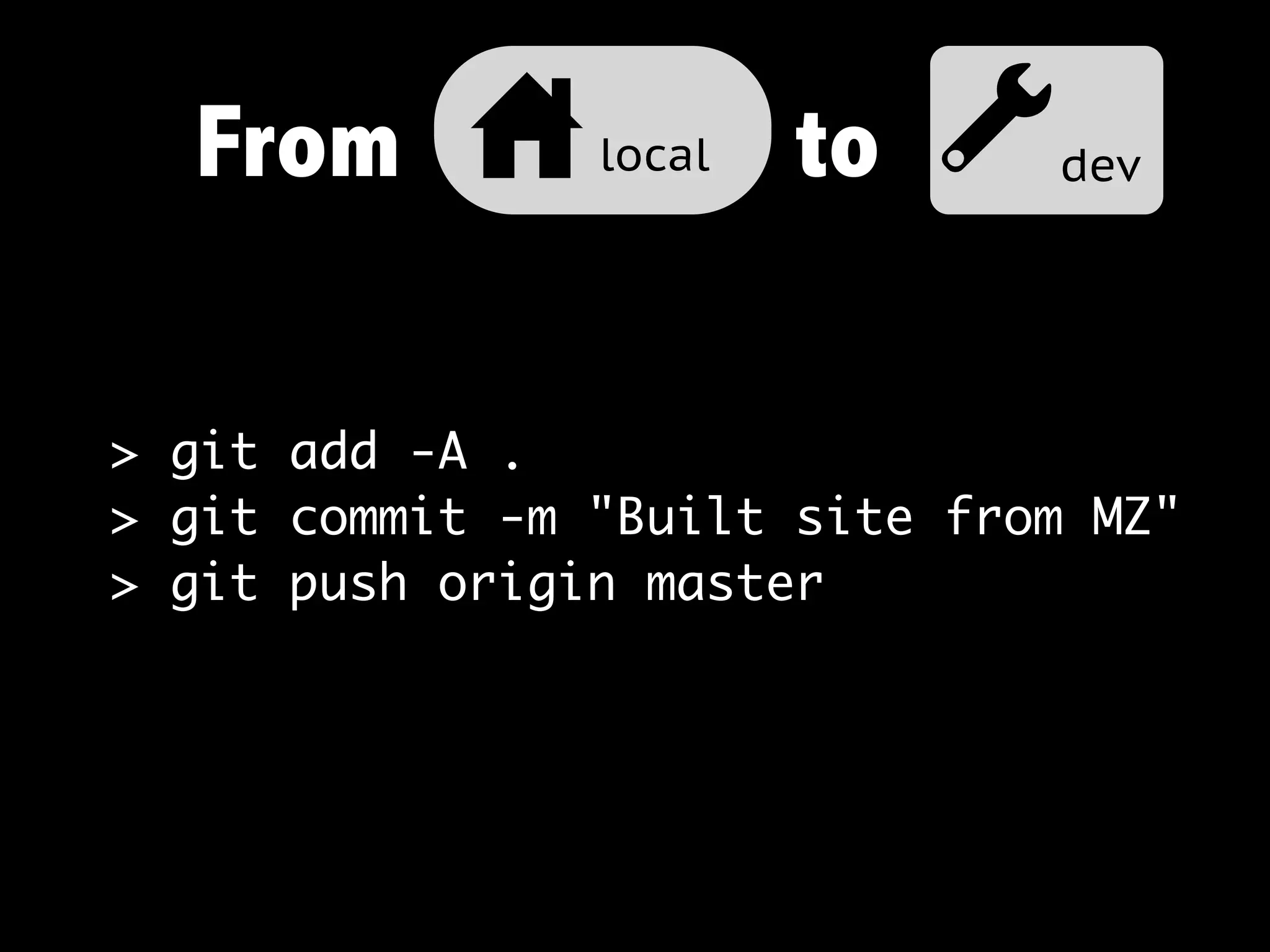 From u local to adev

> git add -A .
> git commit -m "Built site from MZ"
> git push origin master
 