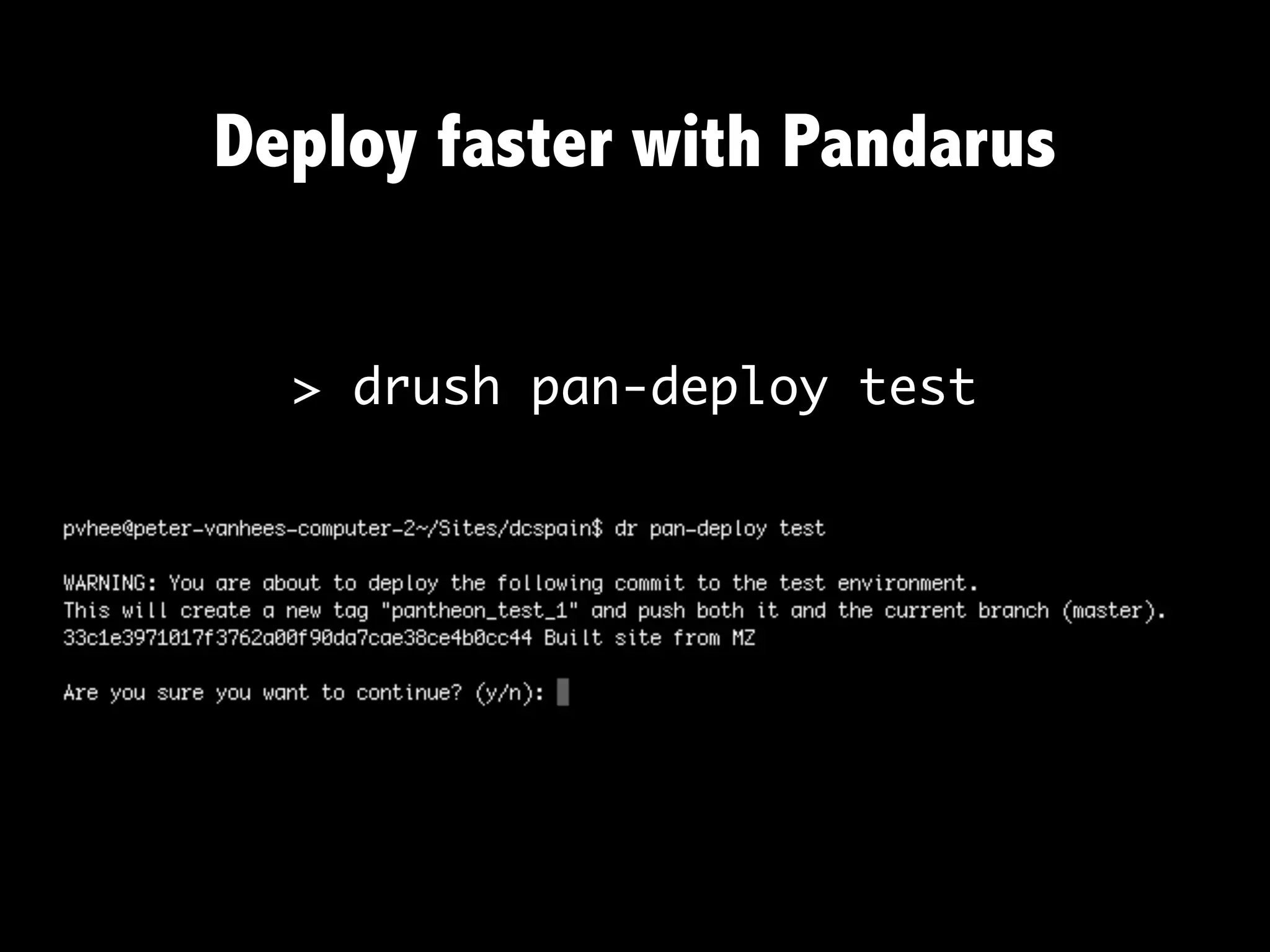 Deploy faster with Pandarus


  > drush pan-deploy test
 