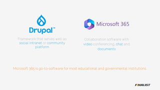 Framework that serves well as
social intranet or community
platform
Collaboration software with
video conferencing, chat and
documents
Microsoft 365 is go-to-software for most educational and governmental institutions.
 