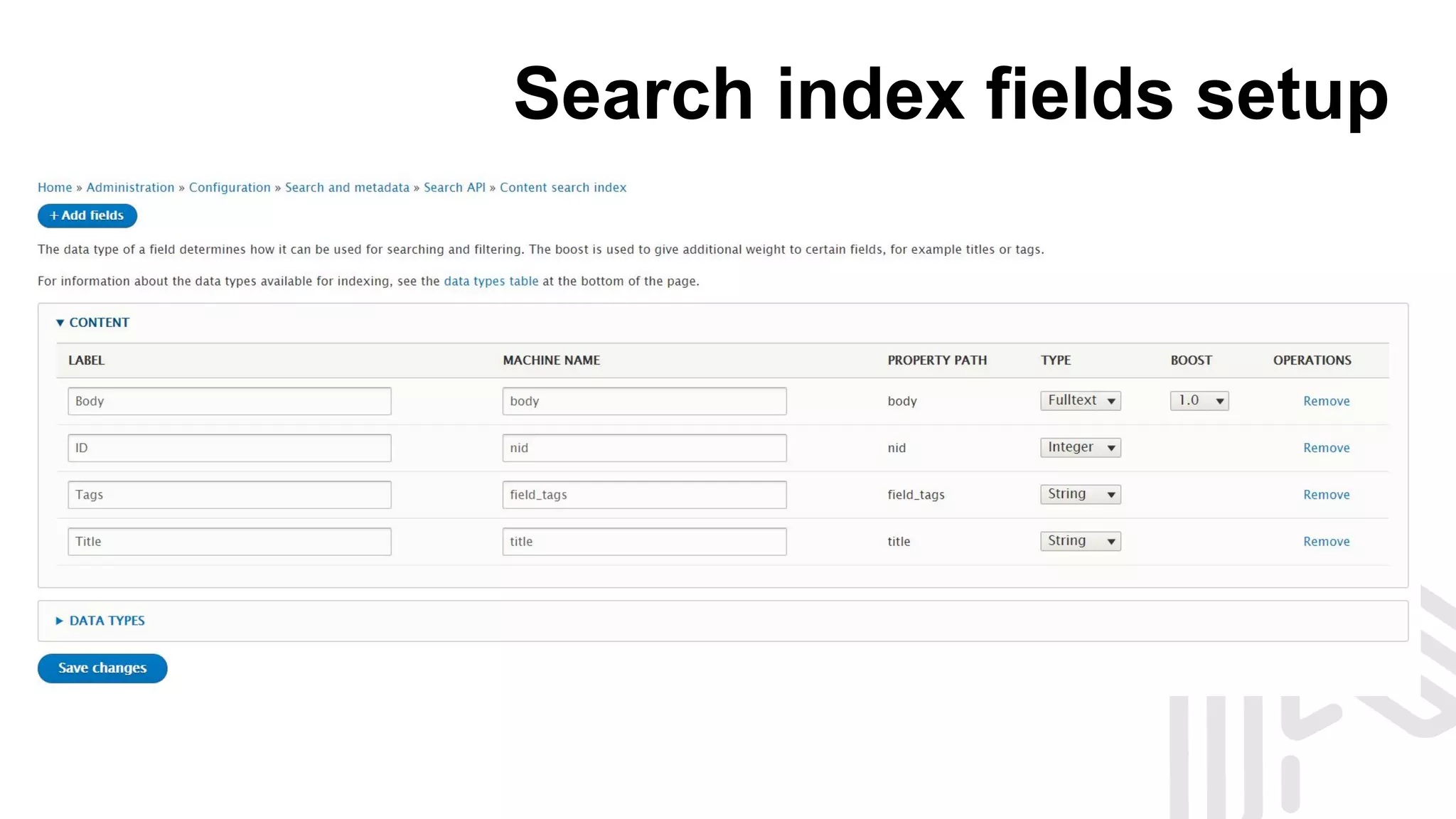 Search index fields setup
 