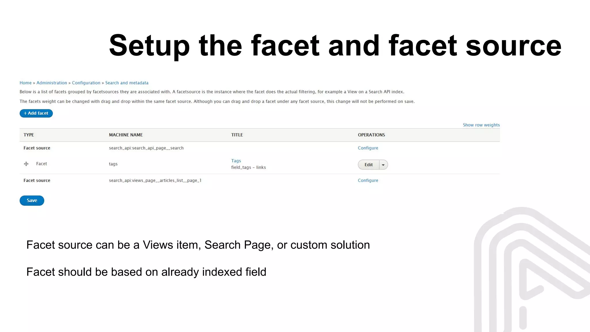Setup the facet and facet source
Facet source can be a Views item, Search Page, or custom solution
Facet should be based on already indexed field
 