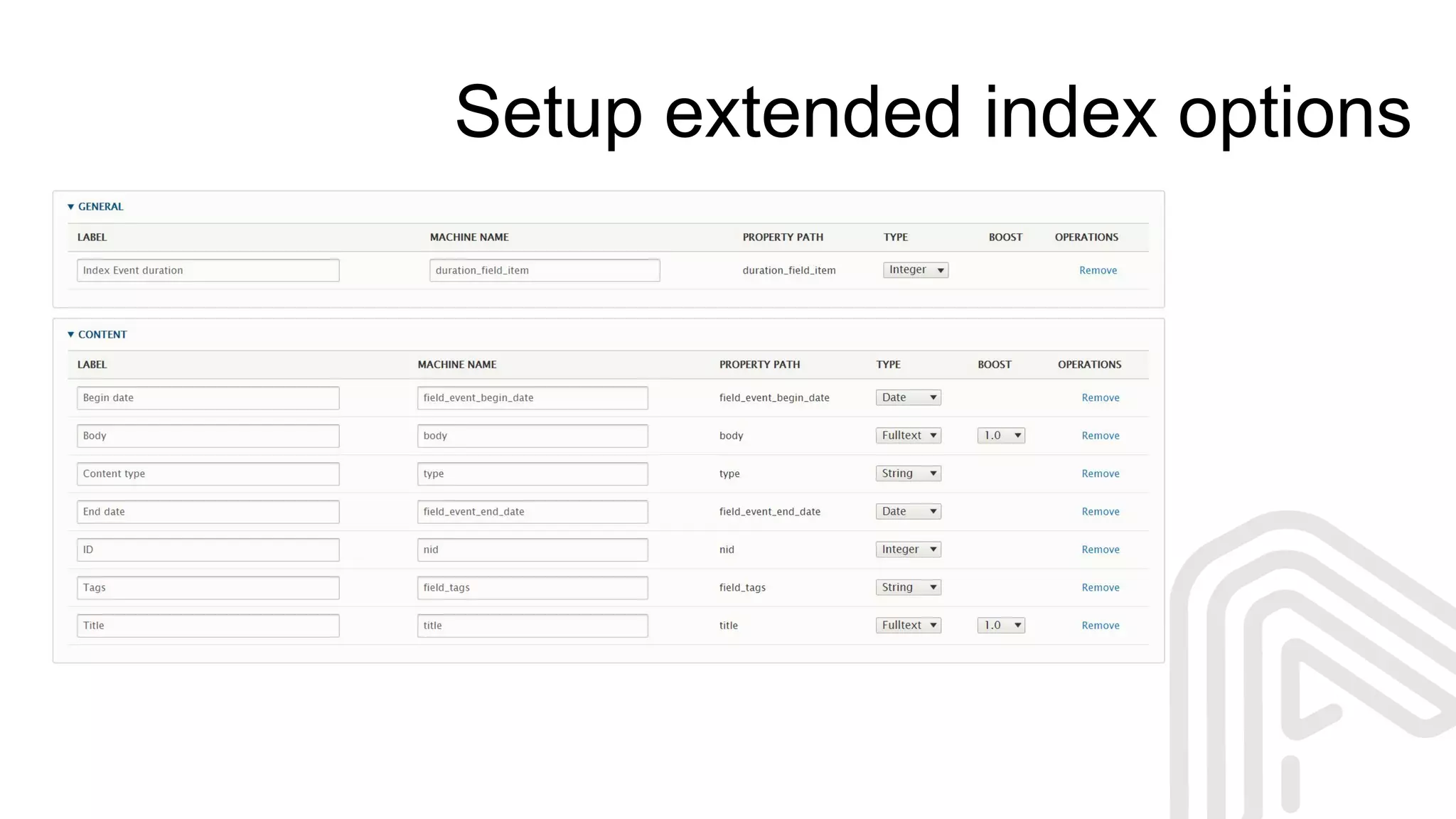 Setup extended index options
 