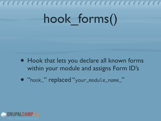 hook_forms()
• Hook that lets you declare all known forms
within your module and assigns Form ID’s	

• “hook_” replaced “your_module_name_”
 