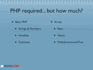 PHP required... but how much?
• Basic PHP	

• Strings & Numbers	

• Variables	

• Functions	

!
!
• Arrays	

• Keys	

• Values	

• Multidimensional/Tree
 