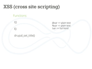 XSS (cross site scripting)	
  
Functions	
  
	
  
	
   t()	
  
	
  
l()
drupal_set_title()	
  
	
  
	
  
	
  
@var => plain text	
  
%var => plain text	
  
!var => full html!	
  
 