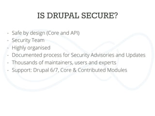IS DRUPAL SECURE?
-  Safe by design (Core and API)
-  Security Team
-  Highly organised
-  Documented process for Security Advisories and Updates
-  Thousands of maintainers, users and experts
-  Support: Drupal 6/7, Core & Contributed Modules
 