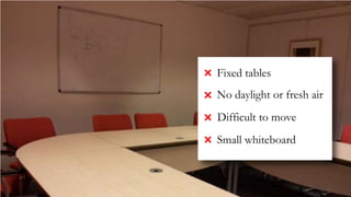 Fixed tables
No daylight or fresh air
Difficult to move
Small whiteboard
 