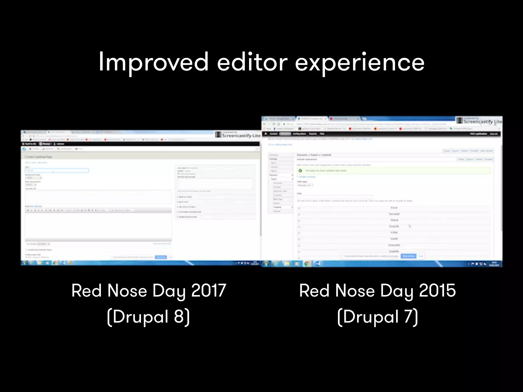 Improved editor experience
Red Nose Day 2015 
(Drupal 7)
Red Nose Day 2017 
(Drupal 8)
 