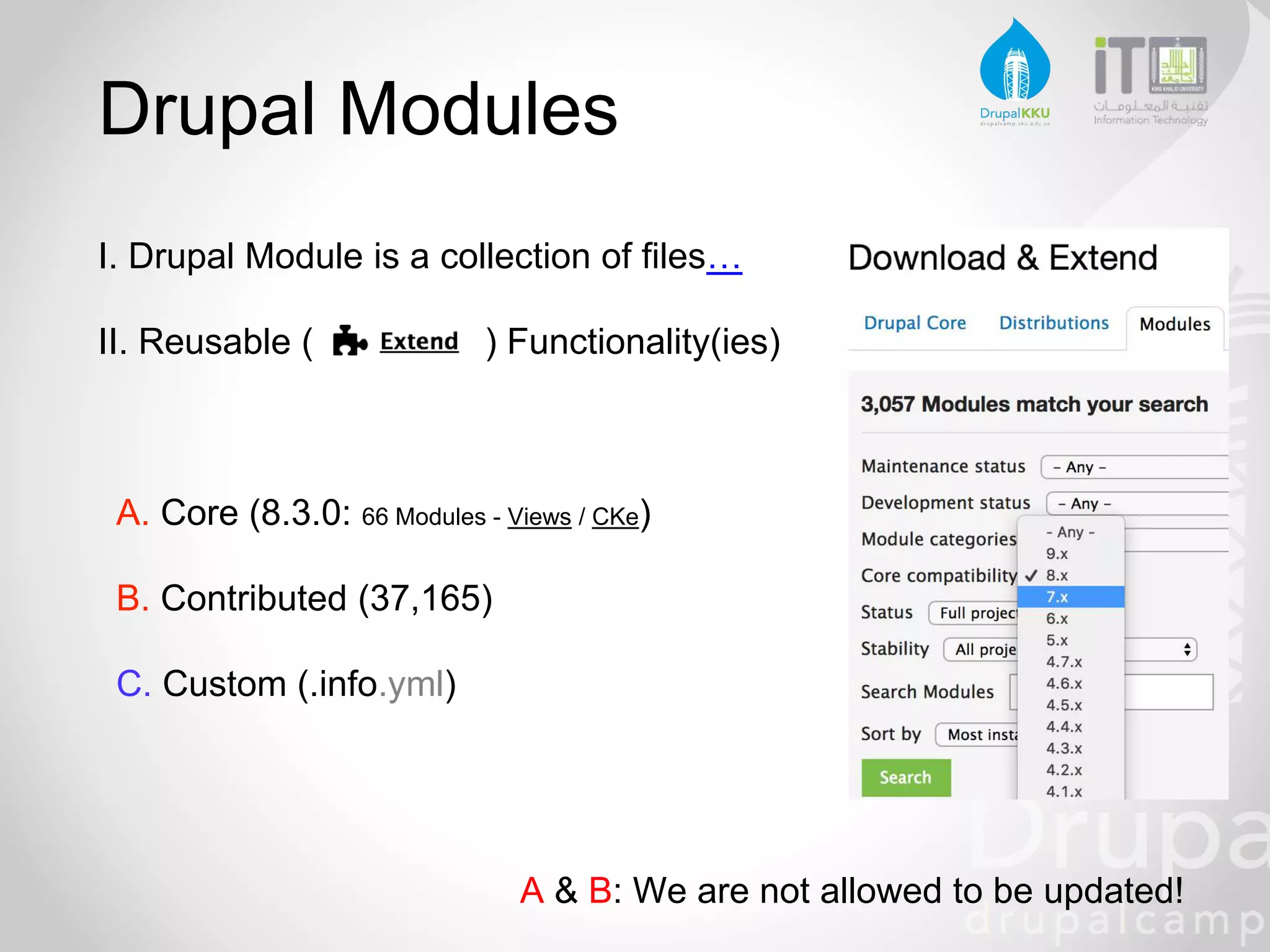 I. Drupal Module is a collection of files…
II. Reusable ( ) Functionality(ies)
A. Core (8.3.0: 66 Modules - Views / CKe)
B. Contributed (37,165)
C. Custom (.info.yml)
A & B: We are not allowed to be updated!
Drupal Modules
 