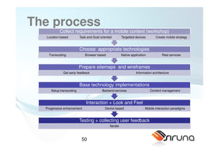 The process
          Collect requirements for a mobile context (workshop)
  Location based         Task and Goal oriented        Targetted devices       Create mobile strategy


                         Choose appropriate technologies
    Transcoding             Browser based              Native application           Rest services


                         Prepare sitemaps and wireframes
             Get early feedback                                  Information architecture


                         Base technology implementations
     Setup transcoding                  Backend services                    Content management


                             Interaction + Look and Feel
  Progerssive enhancement                 Device based                  Mobile interaction paradigms


                         Testing + collecting user feedback
                                             Iterate



                          50
 