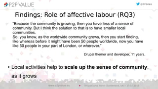 Findings: Role of affective labour (RQ3)
@drozas
“Because the community is growing, then you have less of a sense of
community. But I think the solution to that is to have smaller local
communities.
So, you know, as the worldwide community grows, then you start finding,
like whereas before it might have been 50 people worldwide, now you have
like 50 people in your part of London, or wherever.”
Drupal themer and developer, 11 years.
● Local activities help to scale up the sense of community,
as it grows
DrupalCamp North (Sunderland, UK) – 25.07.2015www.p2pvalue.eu
 