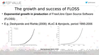 The growth and success of FLOSS
●
Exponential growth in production of Free/Libre Open Source Software
(FLOSS)
●
E.g. Deshpande and Riehle (2008): #LoC & #projects, period 1995-2006
DrupalCamp North (Sunderland, UK) – 25.07.2015www.p2pvalue.eu
@drozas
Deshpande and Riehle (2008)
 