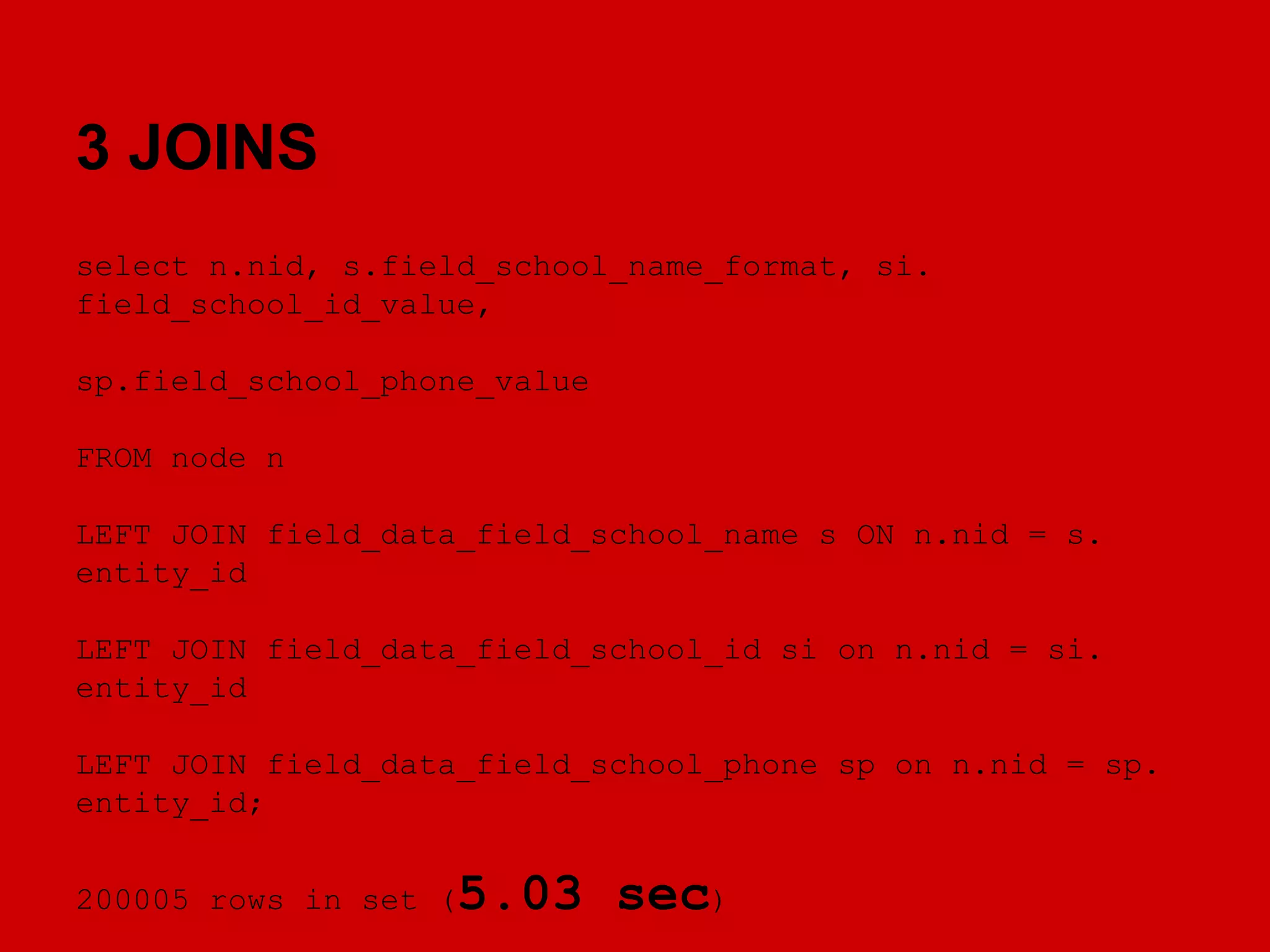 3 JOINS
select n.nid, s.field_school_name_format, si.
field_school_id_value,
sp.field_school_phone_value
FROM node n
LEFT JOIN field_data_field_school_name s ON n.nid = s.
entity_id
LEFT JOIN field_data_field_school_id si on n.nid = si.
entity_id
LEFT JOIN field_data_field_school_phone sp on n.nid = sp.
entity_id;
200005 rows in set (

5.03 sec)

 