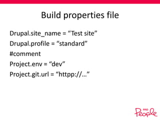 Build properties file
Drupal.site_name = “Test site”
Drupal.profile = “standard”
#comment
Project.env = “dev”
Project.git.url = “httpp://…”

 
