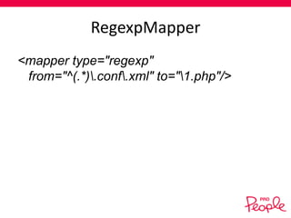 RegexpMapper
<mapper type="regexp"
from="^(.*).conf.xml" to="1.php"/>

 
