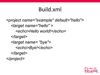 Build.xml
<project name="example" default="hello">
<target name="hello" >
<echo>Hello world!</echo>
</target>
<target name= "bye">
<echo>Bye!</echo>
</target>
</project>

 
