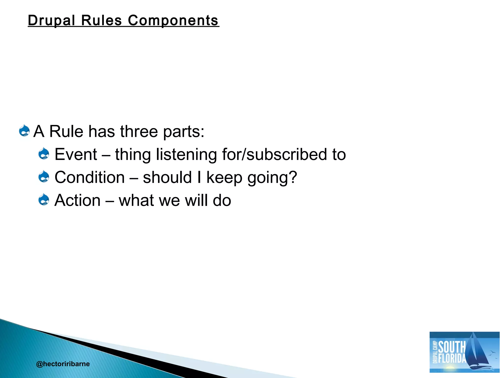 A Rule has three parts:
Event – thing listening for/subscribed to
Condition – should I keep going?
Action – what we will do
@hectoriribarne
Drupal Rules Components
 