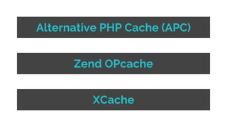 Alternative PHP Cache (APC)
Zend OPcache
XCache
 
