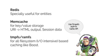 Redis
Specially useful for entities
Memcache
for key/value storage
URI -> HTML output, Session data
tmpfs/ramfs
for all filesystem (I/O intensive) based
caching like Boost.
Use Drupal’s
built-in
Cache API
 