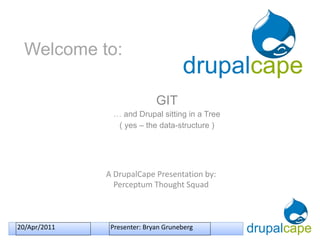 Welcome to: GIT …  and Drupal sitting in a Tree ( yes – the data-structure ) A DrupalCape Presentation by: Perceptum Thought Squad 20/Apr/2011 Presenter: Bryan Gruneberg 