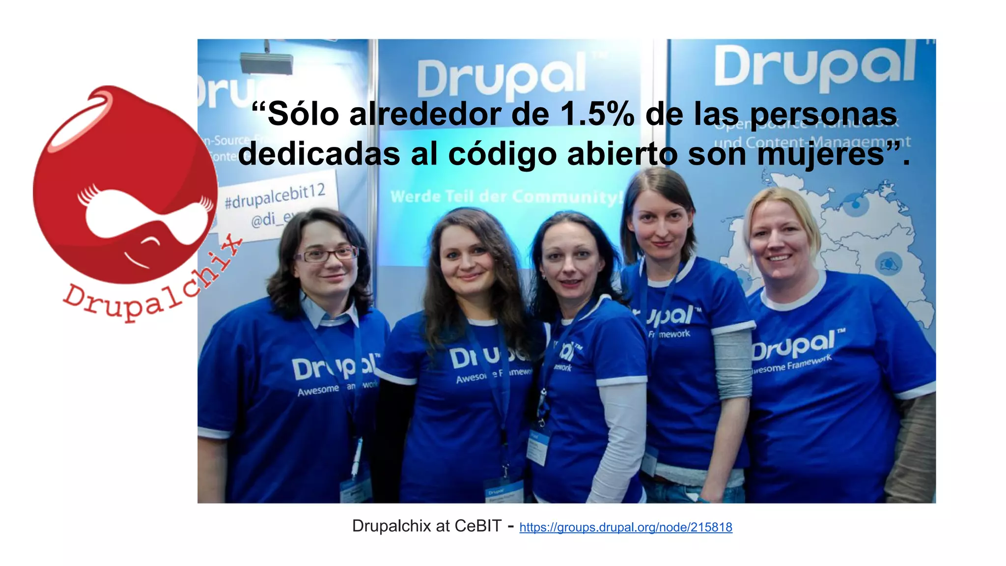 Drupalchix at CeBIT - https://groups.drupal.org/node/215818
“Sólo alrededor de 1.5% de las personas
dedicadas al código abierto son mujeres”.
 