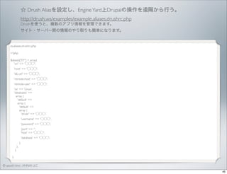 ☆ Drush Aliasを設定し、Engine Yard上Drupalの操作を遠隔から行う。
http://drush.ws/examples/example.aliases.drushrc.php
Drushを使うと、複数のアプリ情報を管理できます。
サイト・サーバー間の情報のやり取りも簡単になります。

ey.aliases.drushrc.php
<?php
$aliases['EY'] = array(
'uri' => '⃝⃝⃝',
'root' => '⃝⃝⃝',
'db-url' => '⃝⃝⃝',
'remote-host' => '⃝⃝⃝',
'remote-user' => '⃝⃝⃝',
'os' => 'Linux',
'databases' =>
array (
'default' =>
array (
'default' =>
array (
'driver' => '⃝⃝⃝',
'username' => '⃝⃝⃝',
'password' => '⃝⃝⃝',
'port' => '',
'host' => '⃝⃝⃝',
'database' => '⃝⃝⃝',
),
),
),
);
© satoshi kino , ANNAI LLC
45

 