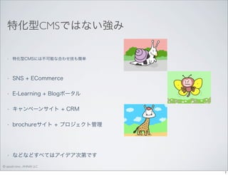特化型CMSではない強み
•

特化型CMSには不可能な合わせ技も簡単

•

SNS + ECommerce

•

E-Learning + Blogポータル

•

キャンペーンサイト + CRM

•

brochureサイト + プロジェクト管理

•

などなどすべてはアイデア次第です

© satoshi kino , ANNAI LLC
7

 