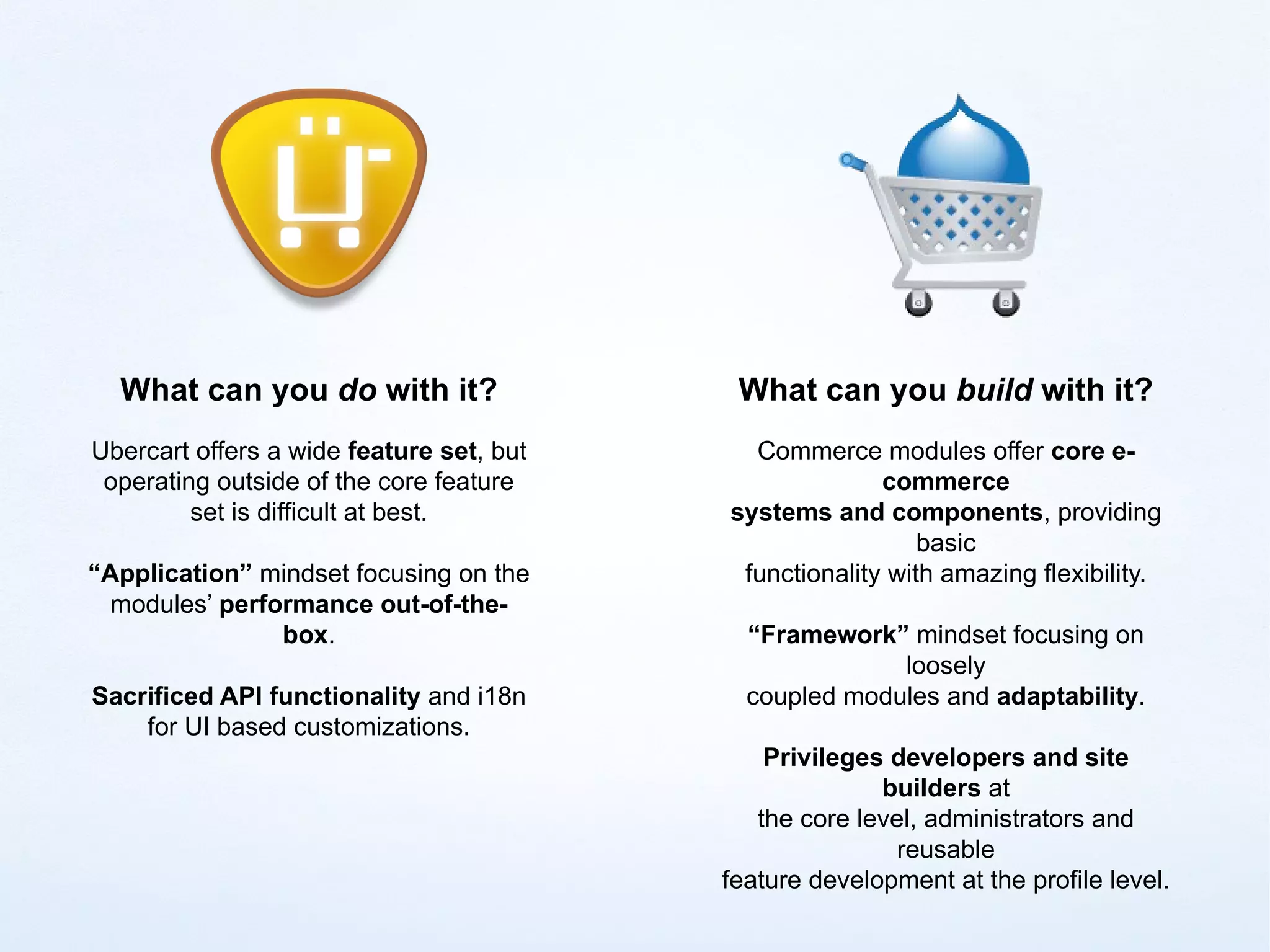 What can you do with it?                 What can you build with it?
Ubercart offers a wide feature set, but     Commerce modules offer core e-
 operating outside of the core feature                  commerce
         set is difficult at best.        systems and components, providing
                                                            basic
“Application” mindset focusing on the      functionality with amazing flexibility.
  modules’ performance out-of-the-
                box.                        “Framework” mindset focusing on
                                                        loosely
Sacrificed API functionality and i18n       coupled modules and adaptability.
    for UI based customizations.
                                              Privileges developers and site
                                                        builders at
                                             the core level, administrators and
                                                          reusable
                                          feature development at the profile level.
 