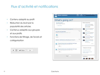 Flux d’activité et notifications


     •   Contenu adapté au profil
     •   Réduction du bruit par la
         popularité des articles
     •   Contenus adaptés aux groupes
         et aux profils
     •   Fonctions de filtrage, de favoris et
         catégorisation




12                                              Core-Techs
 