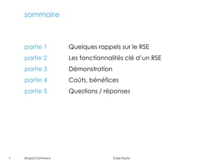 sommaire



    partie 1         Quelques rappels sur le RSE
    partie 2         Les fonctionnalités clé d’un RSE
    partie 3         Démonstration
    partie 4         Coûts, bénéfices
    partie 5         Questions / réponses




2   Drupal Commons                   Core-Techs
 
